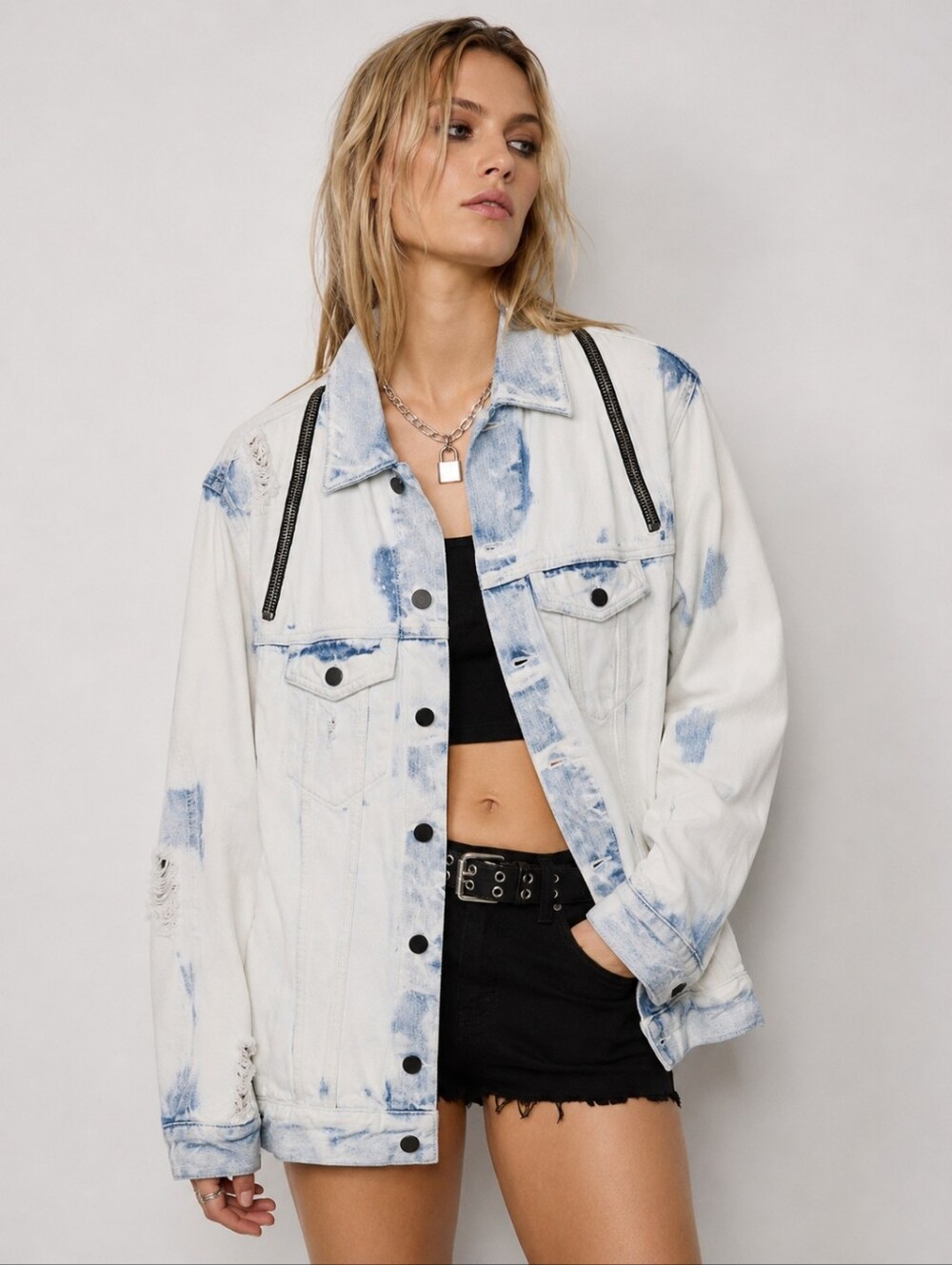 Alexander Wang Denim X Bleached Distressed Zip Detail Denim Jacket XS